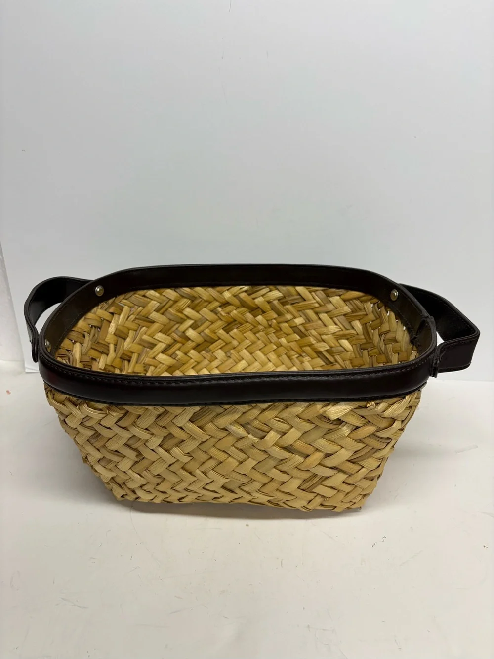 Woven Straw Handled Basket with Dark Brown Leather Trim 14x10x6.5”